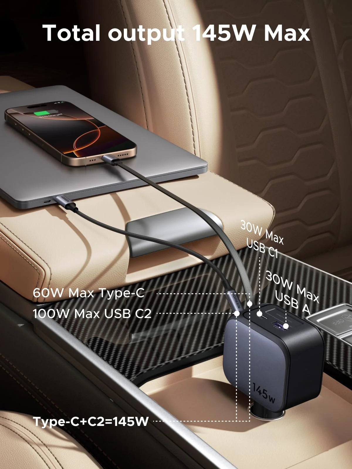 UGREEN Nexode Car Charger 145W with Retractable USB-C Cable